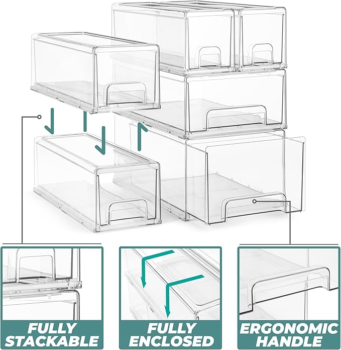 Sorbus Large Clear Stackable Storage Drawers – 2-Pack Plastic Organizer Bins with Handles – Stackable Pull-Out Storage Drawers for Closet, Pantry, Office, Bathroom, Craft, and Toy Organization