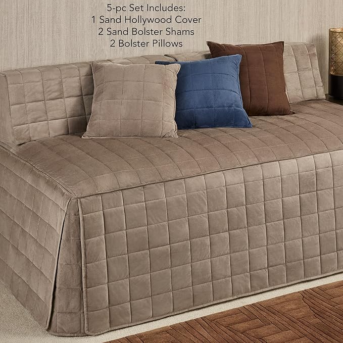 Camden Luxury Bedding | Neutral Sand Color | Fitted Hollywood Daybed Bedding | Faux Suede Box Quilted Design | 5 Piece Set Includes Hollywood Cover, 2 Bolster Shams, and 2 Bolster Pillows