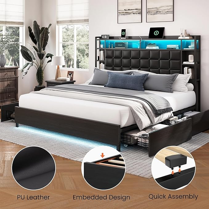 LARMACE King Size Bed Frame with 4 Storage Drawers and Bookcase Headboard, Faux Leather Upholstered, Wooden Platform Bed Frame with Charging Station and LED Lights, No Box Spring Needed, Black
