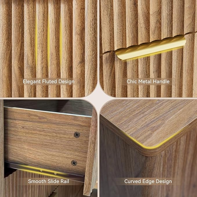 CARPETNAL Fluted 6 Drawer Dresser for Bedroom, 55" Wide Wooden Chest of Drawers with Rounded Corners, Gold Handles, Modern Storage Organizer for Bedroom, Hallway(Walnut)