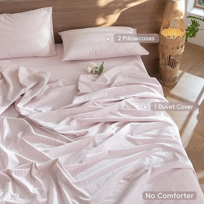 MooMee Striped Duvet Cover Set 100% Washed Cotton Linen Like Textured Breathable Durable Soft Comfy (Heathered Greyish Pink White Wide Stripes, King 104"x90")
