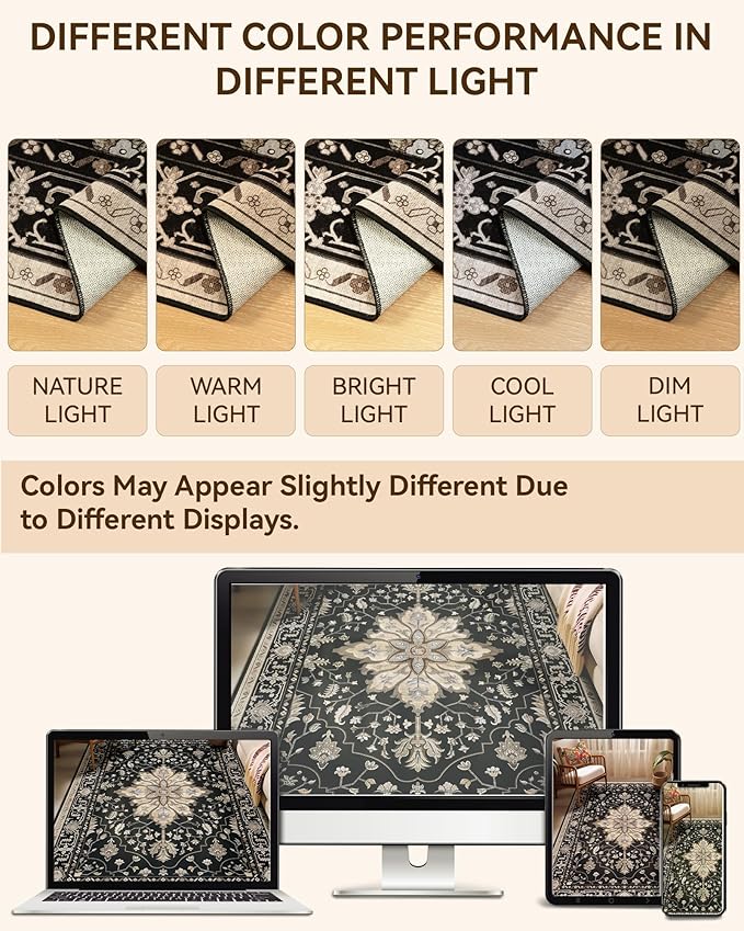 Area Rugs 8ft Washable Non-Slip, Floral Vintage Distress Print Pattern Medallion Carpet for Living Room Bedroom Dining Room, Black Brown Neutral Dark Tan