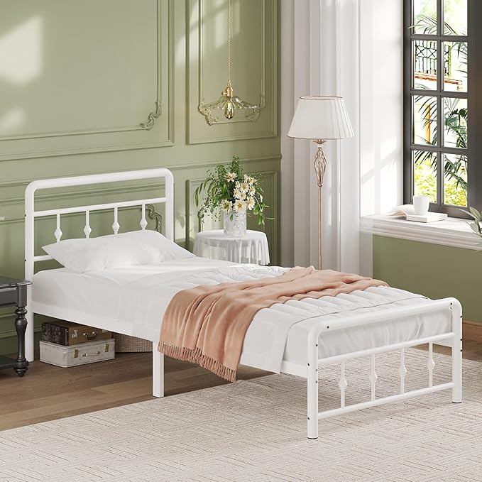 12 Inch Twin Bed Frames with Headboard and Footboard, Heavy Duty Twin Metal Mattress Foundation No Box Spring Needed, Noise Free, Easy Assembly, White