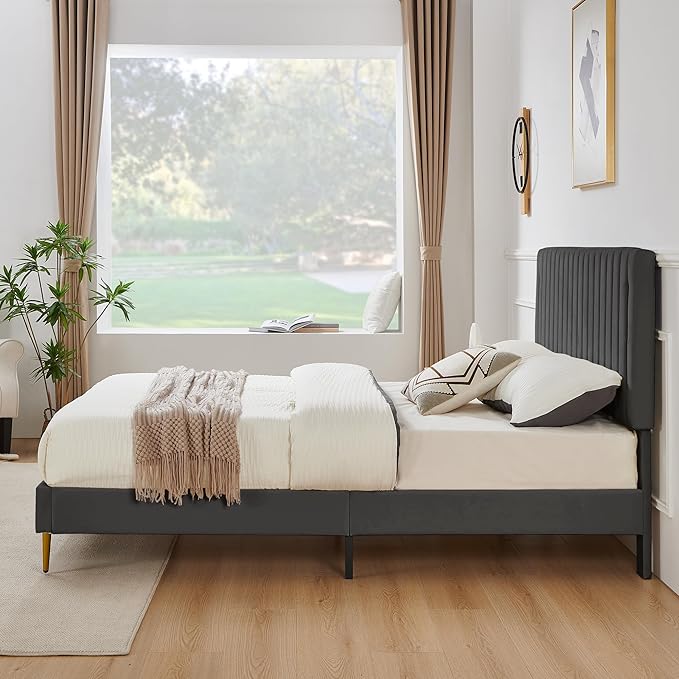 Queen Platform Bed Frame, Velvet Upholstered Bedframe with Vertical Channel Adjustable Headboard, Golden Plating Trim, Mattress Foundation with Wooden Slats, No Box Spring Needed, Grey