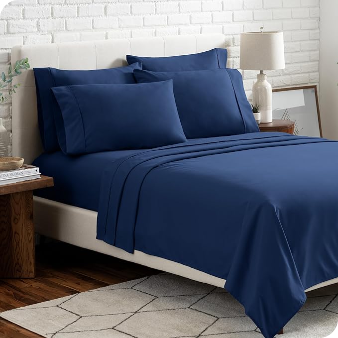 Bare Home Hotel Luxury Queen Sheet Set, Extra Soft - 6 Piece Set - Deep Pockets - Easy Fit - Cooling & Breathable - Wrinkle, Fade, Stain Resistant - Includes 4 Pillowcases (Queen, Dark Blue)