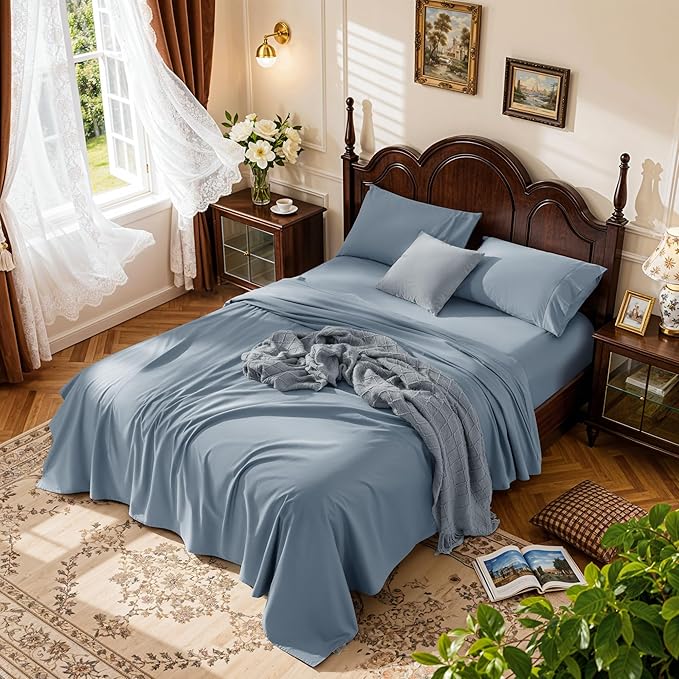 LBRO2M 1000 Thread Count 100% Egyptian Cotton Sheets Set King, 4 Piece Sets Bed Sheet Deep Pocket Sheet Set 16" Soft Comfortable All Season (King, French Blue)