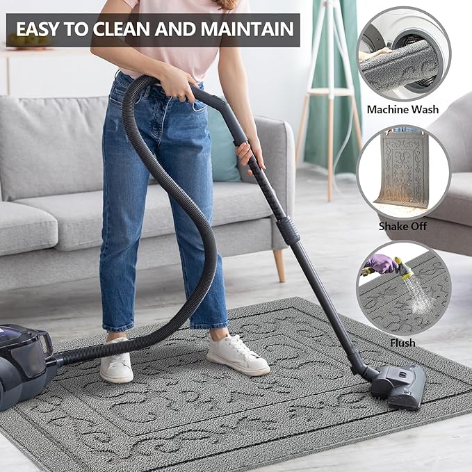 FONEYI Indoor Door Mat, Front Back Door Mat 20"x32" Non-Slip Rubber Backing Door Rug, Machine Washable Entry Rug, Low Profile Absorbent Dirt Trapper Doormat Inside Floor Mats for Entryway, Light Grey