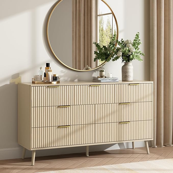 CARPETNAL Fluted 7 Drawer Dresser for Bedroom, 55" Wide Wooden Chest of Drawers with Rounded Corners, Gold Handles, Modern Storage Organizer for Bedroom, Hallway(Beige)