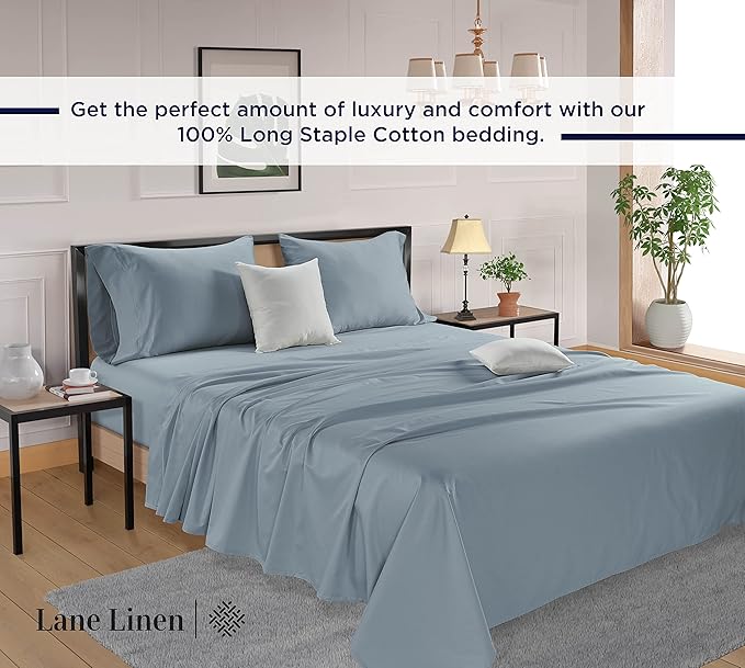 LANE LINEN 100% Cotton Bed Sheets – 600 Thread Count Cooling Sheets Queen, Durable Daily Use Bedding, Value Comfort for Night Rest, Hotel Sateen Finish, Snug Fit 15" Deep Pocket – Blue