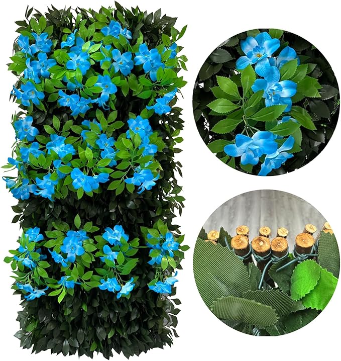 Sumery Expandable Fence Privacy Screen for Balcony Patio Outdoor,Decorative Faux Ivy Fencing Panel,Artificial Hedges (Single Sided Leaves) (4, Branches -Blue Fowers)