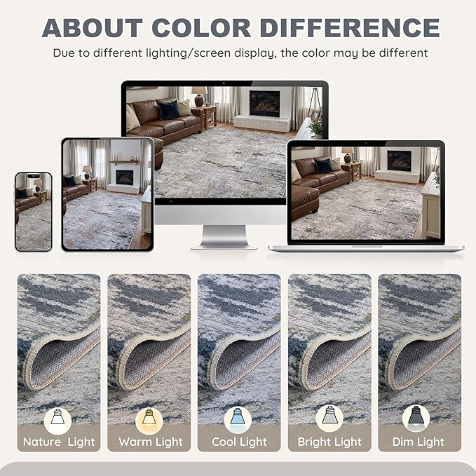 Area Rug Living Room Rugs - 6x9 Washable Large Soft Indoor Neutral Modern Abstract Low Pile Rug Carpet for Bedroom Dining Room Farmhouse Home Office - Blue/Grey/Brown