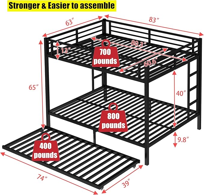 LUXIEE Upgraded & Stronger Heavy Duty Steel Queen Over Queen Bunk Bed Frame, More Stable Safer Thickened Metal Bunkbeds with Twin Size Trundle (Queen Over Queen)