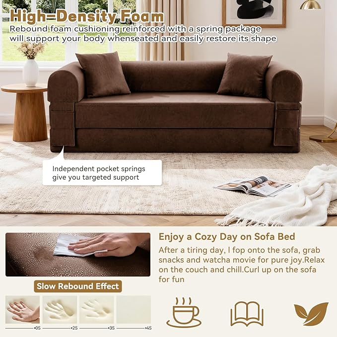 Convertible Sleeper Sofa Bed,78.5 Inch Faux Leather Futon Couch with Pillows & Storage Pocket,5-in-1 Folding Sofa Bed Queen with Pull Out Beds,Boneless Couches for Living Room,Couch in a Box,Brown