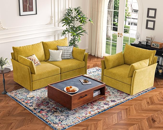ABCASA 135.5" Oversized Modular Sectional Sofa, L Shaped Convertible Couch with Movable Ottoman, 5 Seat Corner Couches for Living Room Deep Seat Yellow Chenille