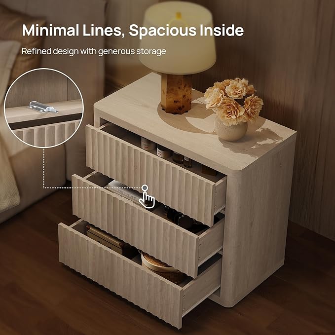SICOTAS Night Stand Oversized Extra Large Nightstand with 3 Drawers Side Table with Storage Modern Bedside Table 27.5" W Nightstands for Bedroom Fluted End Table for Dorm Room Sofa Couch Home Office
