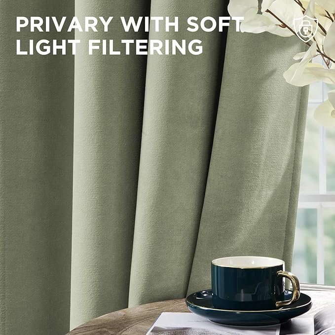 Joydeco Sage Green Velvet Curtains 84 Inches 2 Panels, Luxury Thermal Insulated Soft Green Curtains for Bedroom & Living Room, Room Darkening Velvet Drapes, Rod Pocket (52W x 84L)