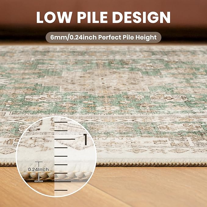 zesthome 5x7 Area Rugs - Ultra-Thin Washble Rug, Stain Resistant Anti Slip Backing Rugs for Living Room,Bedroom, Vintage Home Decor Area Rug (Green/Brown,5'x7')