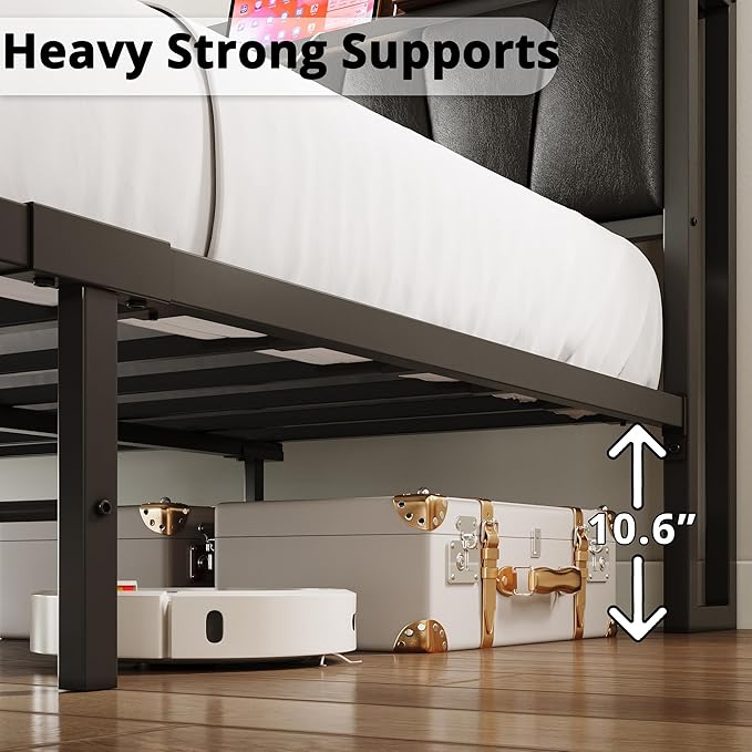 LIKIMIO California King Bed Frame, Storage Headboard with Charging Station, Solid and Stable, Noise Free, No Box Spring Needed, Easy Assembly (Vintage and Black)