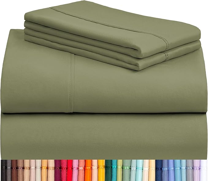 LuxClub 4 PC King Sheet Set, Deep Pockets Wrinkle Free Cooling Bed Sheets Hotel Bedding for Women, Men, Includes 1 Fitted Sheet, 1 Flat Sheet and 2 Pillowcases-Soft Olive