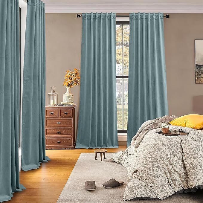 RYB HOME 100% Blackout Blue Velvet Curtains 84 inches, Back Tab Thermal Insulated Noise Reducing Curtains & Drapes for Living Room Kids Bedroom, Stone Blue, 52W x 84L, Set of 2 Panels