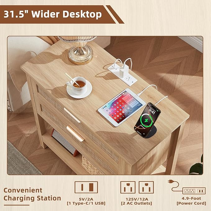 LEYAOYAO 31.5" Wide Rattan Night Stand with Charger Station, Oversized Large Boho Nightstand with 2 Drawer, Natural Wood Bed Side End Tables, Tall Bedside Table for Bedroom Living Room, Hallway