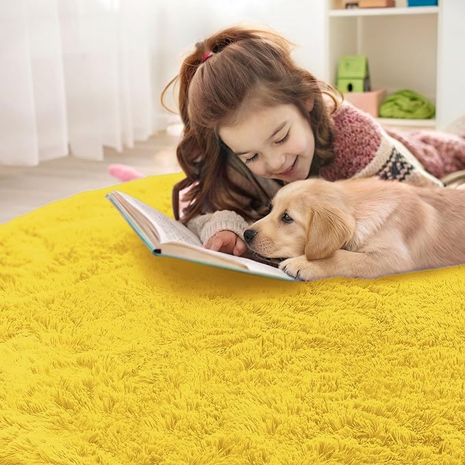 OLANLY Yellow Round Rugs for Bedroom - Machine Washable, 2 ft Circle Area Rugs for Living Room, Soft and Fluffy Shaggy Carpet for Teen Girl and Boys, Nursery Rooms, Dorms, Home Decor Aesthetic