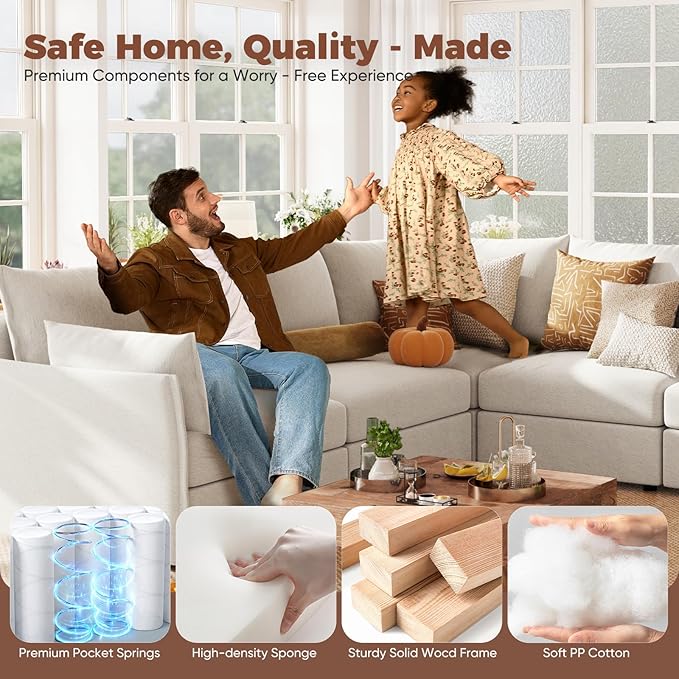 ABCASA Luxury Modular Sectional Sofa, L-Shaped 3-Seat Couch with Storage Ottoman Deep Seat & Reversible Chaise Lounge Chenille White for Compact Spaces, Apartments, Dorm