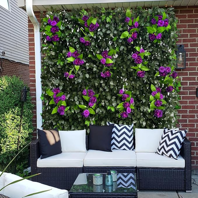 Sumery Expandable Fence Privacy Screen for Balcony Patio Outdoor,Decorative Faux Ivy Fencing Panel,Artificial Hedges (Single Sided Leaves) (4, Branches -Purple Rose)