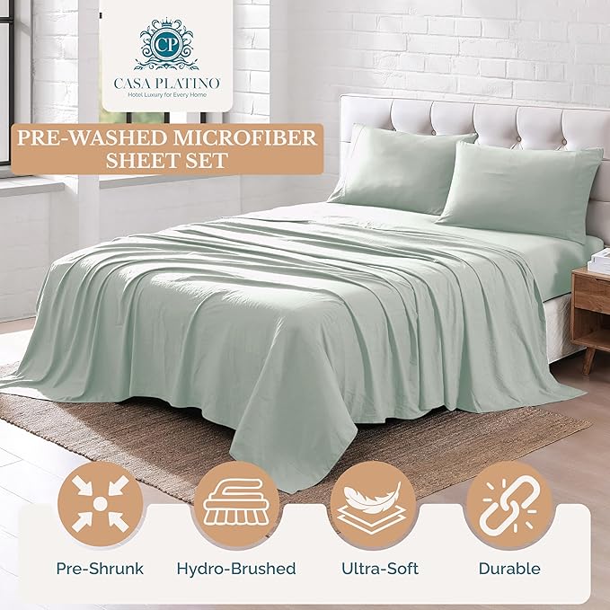 Casa Platino King Size Bed Sheet Set – 4 Piece Set, Pre-Washed Ultra Soft Fabric, Deep Pocket Sheets for 15” Mattress, Brushed Microfiber Bedding, Fade Resistant & Breathable - Mineral