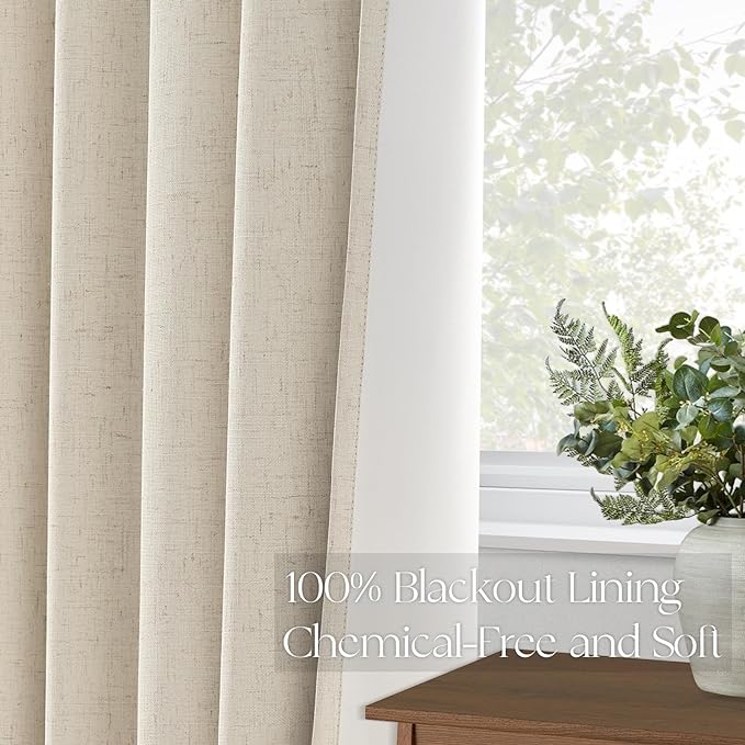 Topfinel Beige Blackout Curtains & Drapes 84 Inch Length, Cream Pinch Pleat Full Flax Linen Burlap Soundproof Curtains with Hooks Rings for Bedroom Living Room Track System 2 Panels Set, Tan