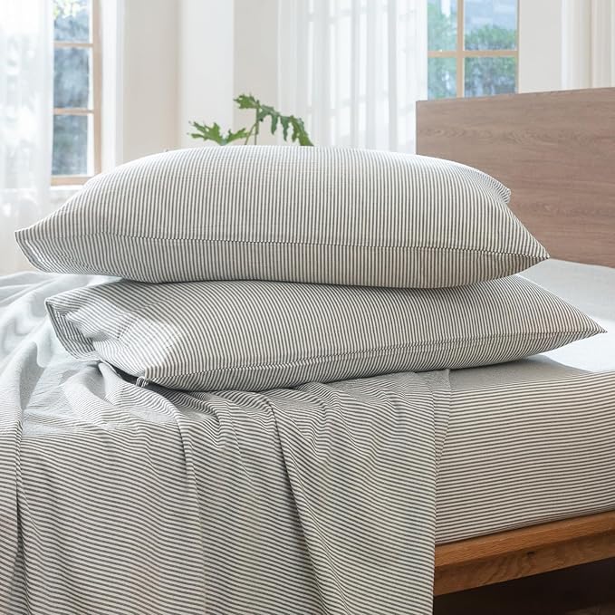 MooMee Striped Duvet Cover Set 100% Washed Cotton Linen Like Textured Breathable Durable Soft Comfy (Heathered Green Pinstripes, Alaska King 132"x120")