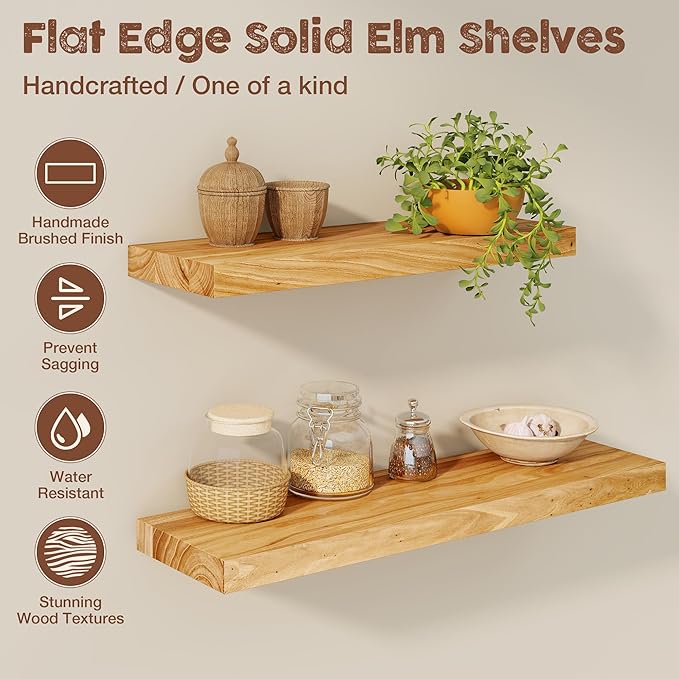fuqing Floating Shelves for Wall, 48 inch Rustic Solid Elm Wood Floating Shelves, Wooden Wall Shelves with Invisible Heavy Duty Brackets for Living Room, Bedroom, Kitchen, Bathroom, 1 Pack, Natural