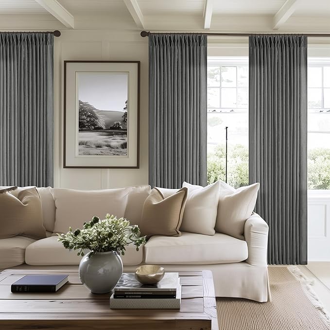 Charcoal Gray Linen Pinch Pleated Curtains 120 Inches Long for Living Room Pleated Drapes Back Tab Thick Linen Dark Grey Simple Modern Neutral Farmhouse Extra Long 120 Inch Curtain for Dining Bedroom