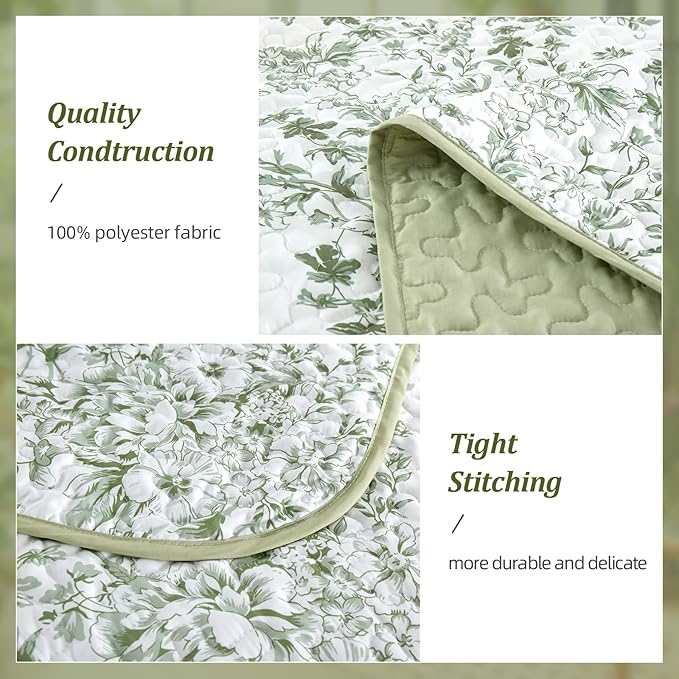 WONGS BEDDING Quilt Full Size, Sage Green Quilt Bedding Set with 2 Pillowcases, Botanical Quilt for Full Bed, Soft Microfiber Lightweight Coverlet Bedspread for All Season (78"×90", 3 Pieces)