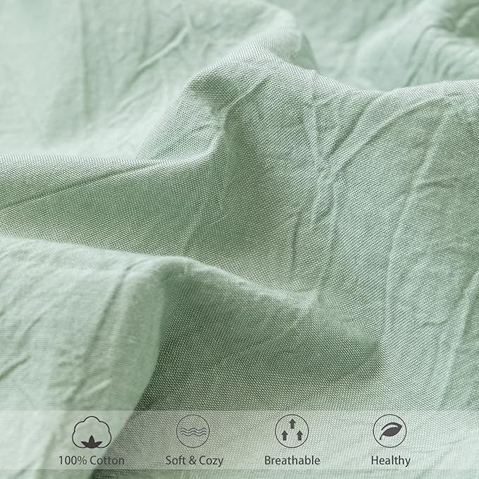 MooMee Fitted Bottom Sheet Only 100% Washed Cotton Linen Like Textured Breathable Durable Soft Comfy Deep Pocket Fits Mattress up to 17" (Sage Green, King)