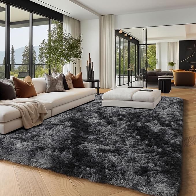PAGISOFE Area Rugs 9x12 Living Room, Machine Washable Dark Grey Shag Rugs for Bedroom, Extra Large Thick Gray Fluffy Nursery Carpet Boys Girls Dorm Pastel Rugs for Kids Room Home Decor Aesthetic