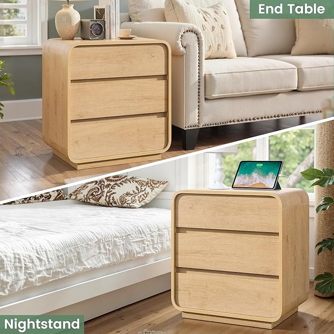 Farmhouse Nightstand, 25" Tall Wood Bedside Table with Charging Station, 3 Storage Drawers Side Table, Large End Table Night Stand for Bedroom, Office, Sofa, Curved Profile, Natural