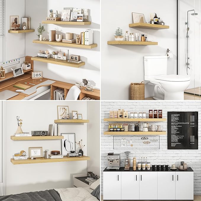 RICHFOCUS 31.5Inch Floating Shelves for Wall 2 Pack Shelves for Bedroom|Kitchen|Bathroom Wall Mounted Rustic Wood Floating Shelf with Invisible Brackets for Books|Storage|Decor, Oak