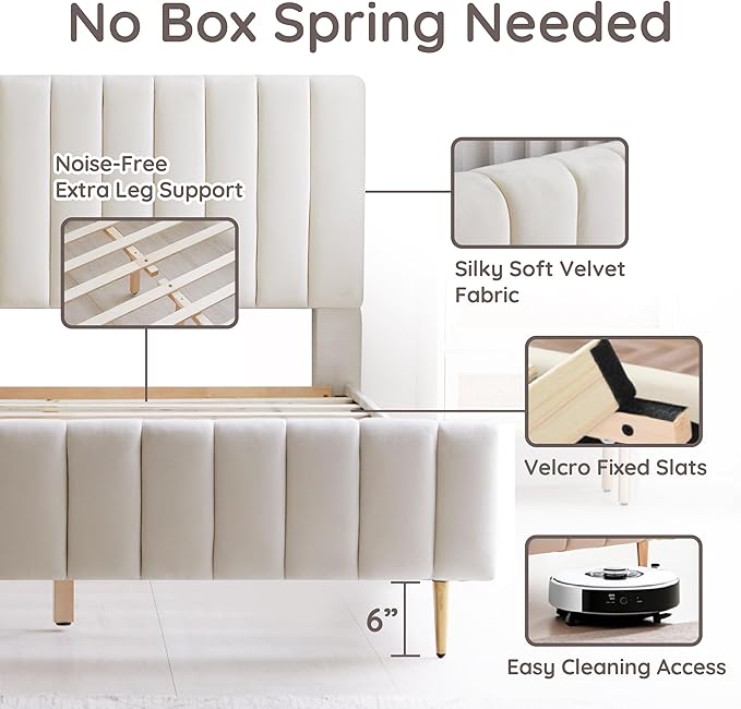 Livinia Queen Size Elton Velvet Platform Bed, Upholstered Bed Frame with Vertical Channel Tufted Headboard Footboard, Strong Wood Slats, No Box Spring Needed, Ivory (Queen)