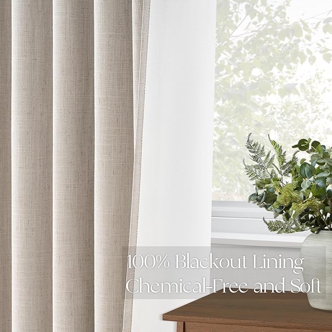Topfinel 90 Inches Long Full Blackout Linen Curtains for Bedroom, Oatmeal Pinch Pleated Sound Block Curtains, Beige Decorative Elegant Farmhouse Lined Drapes 2 Panels Set for Living Room Sliding Door