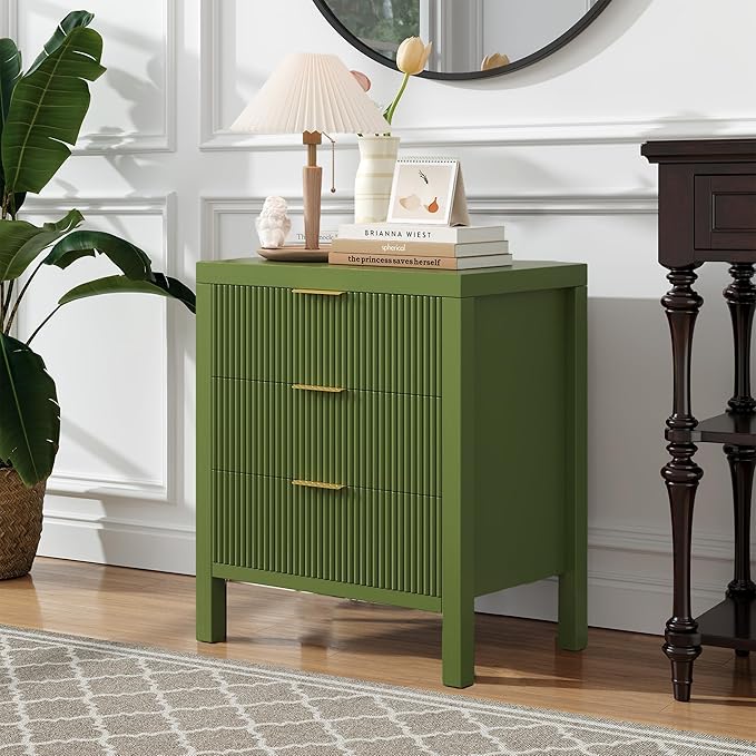 End Table with Storage, Wooden Farmhouse Nightstands with 3 Drawers, Bedside Table - Boho Tall Side Table Accent for Bedroom, Living Room, Green
