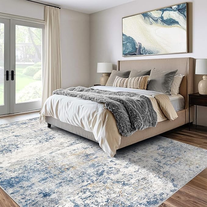 Area Rug Living Room Rugs - 9x12 Abstract Large Soft Indoor Washable Rug Neutral Modern Low Pile Carpet for Bedroom Dining Room Farmhouse Home Office - Blue