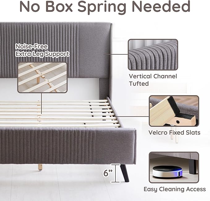 Livinia Sunset Queen Size Wingback Platform Bed, Fabric Upholstered Queen Bed Frame with Vertical Channel Tufted Headboard Footboard, Strong Wood Slats, No Box Spring Needed, Gray (Queen)