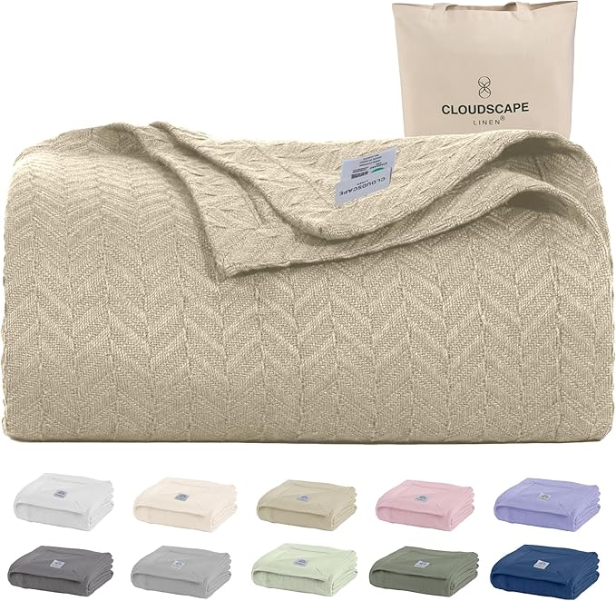 Cloud Scape Linen 100% Cotton Blanket King 92x108 Fog - Cozy Herringbone Weave, Fits Up to Cal King Beds, Breathable Softness, All-Season Warmth, Heavy Layering Winter Blanket