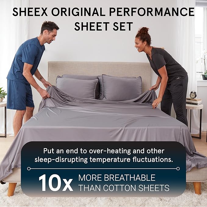 SHEEX - Original Performance Sheets Set (Split King) Pearl Blue - Cooling Sheets - Moisture Wicking - 1 Flat Cooling Sheet, 1 Fitted Cooling Sheet, 2 King Pillow Covers - Wrinkle Free - Sleep Aid