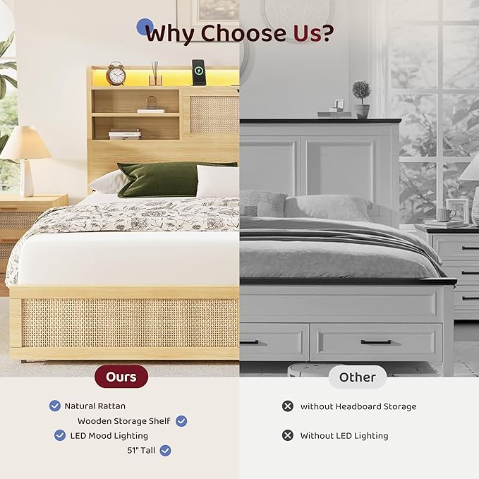 Queen Size Rattan Bed Frame with 4 Storage Drawers and Hidden Storage Headboard Wooden Platform Bed Frame with LED Lights and Charging Station, No Box Spring Needed, Easy Assembly, Natural