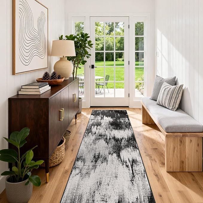 3x12 Long Hallway Runner Rug: Kitchen Rugs Non Slip Washable Low Pile Abstract Rug Runner with Rubber Backing Indoor Carpet Runners for Bedroom Dining Living Room Bathroom Black White