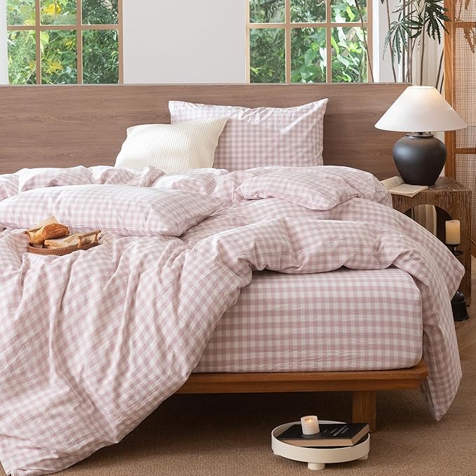 MooMee Gingham Duvet Cover Set 100% Washed Cotton Linen Like Textured Breathable Durable Soft Comfy Modern Checkered Design (Classic Gingham Greyish Pink, Palatial King/Oversized King 120"x98")