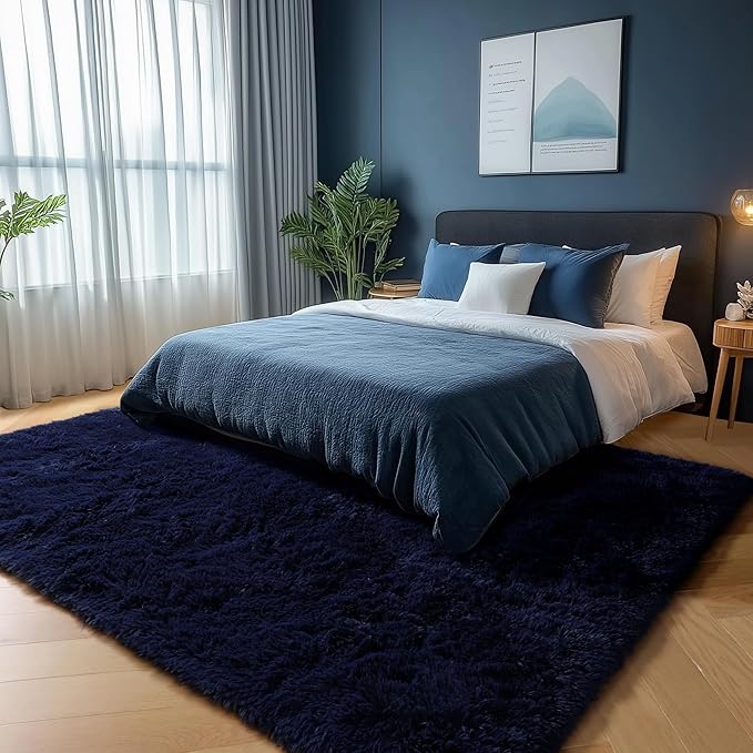 PAGISOFE Dark Navy Blue Rugs for Living Room 5x7 Ft, Plush Area Rugs for Bedroom, Non-Shedding, Indoor Furry Floor Rugs for Nursery Playroom, Shag Carpet for Kids Room Decor Aesthetic, Dark Blue