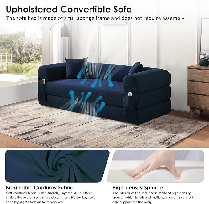 80" Convertible Sofa Bed, 3-in-1 Corduroy Folding Pull Out Couch with Pillows, No Assembly Modern Boneless Couch Compression Sofa in Box, Floor Sofa with Side Storage Pocket for Living Room,Navy Blue